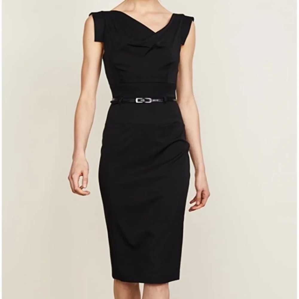 Black Halo Jackie O Belted Cocktail Sheath Dress Black Blogger Celeb Fave Sz 14 - Picture 7 of 16